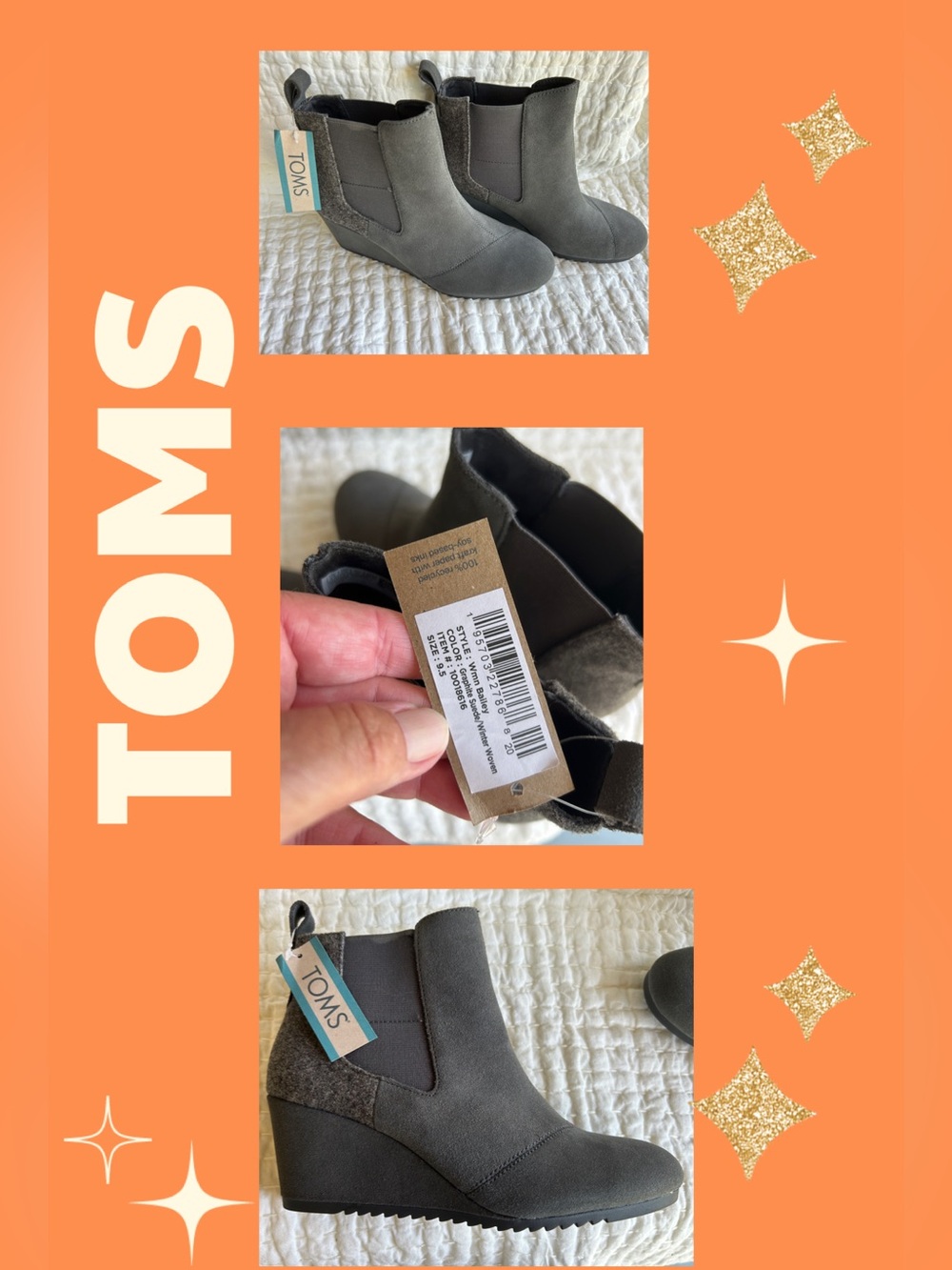 NWT TOMS Charcoal Gray Bailey Wedge Booties